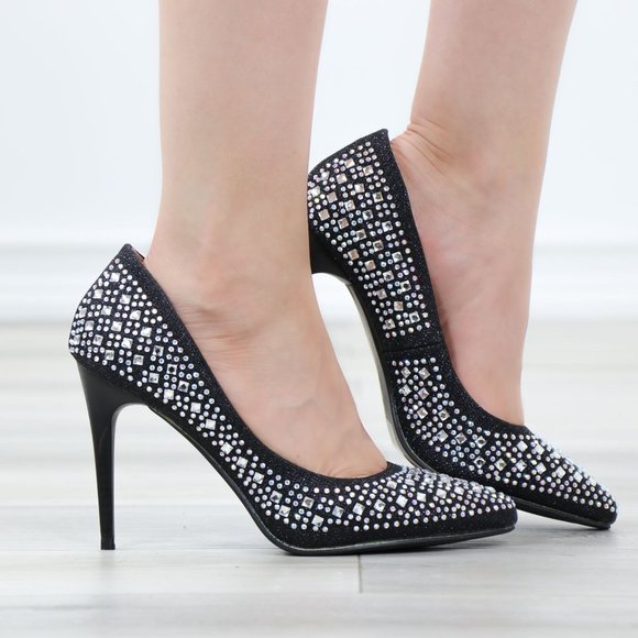 Sparkly Diamond Rhinestone Glitter  Black Pointy Toe Needle High Heel Stiletto - Picture 2 of 15